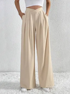 Loose Wide Leg Pleated Solid Color Pants Trousers