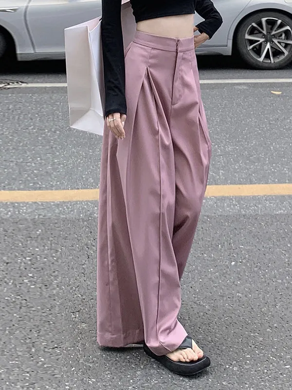 Loose Wide Leg Pleated Solid Color Split-Joint Pants Trousers