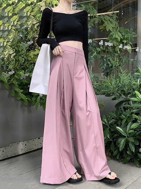 Loose Wide Leg Pleated Solid Color Split-Joint Pants Trousers