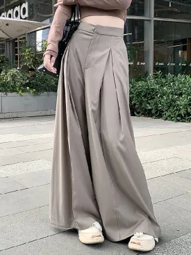 Loose Wide Leg Pleated Solid Color Split-Joint Pants Trousers