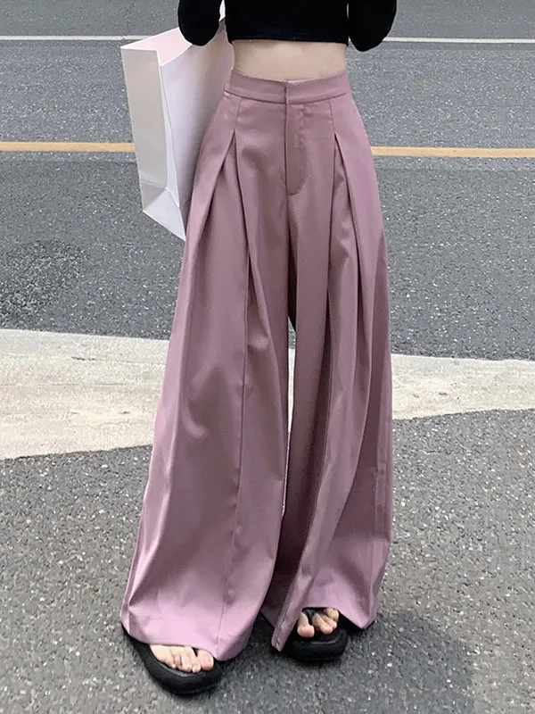 Loose Wide Leg Pleated Solid Color Split-Joint Pants Trousers