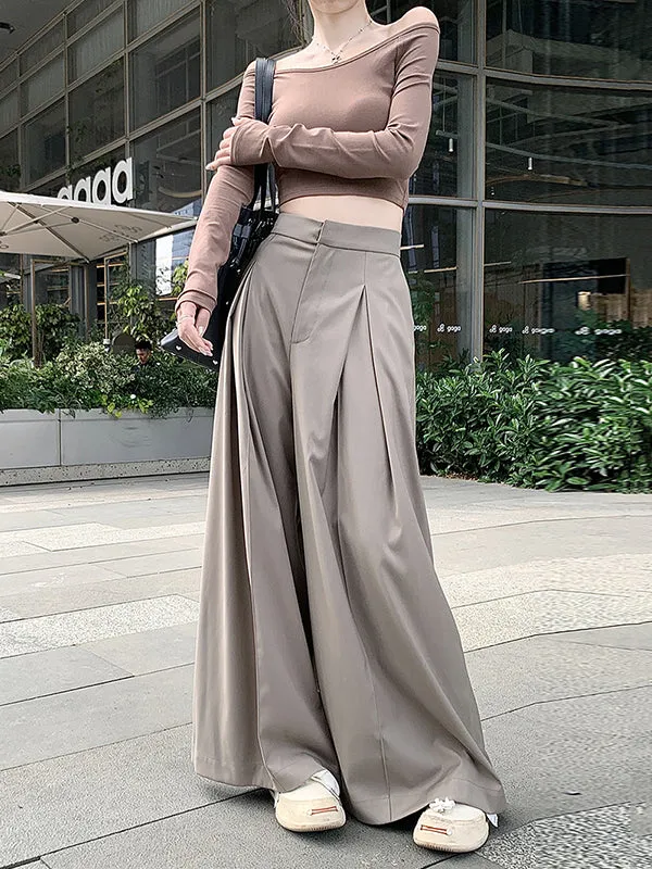 Loose Wide Leg Pleated Solid Color Split-Joint Pants Trousers