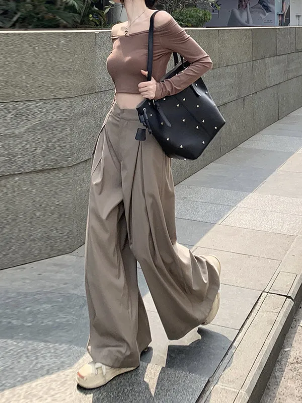 Loose Wide Leg Pleated Solid Color Split-Joint Pants Trousers