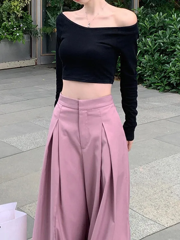 Loose Wide Leg Pleated Solid Color Split-Joint Pants Trousers