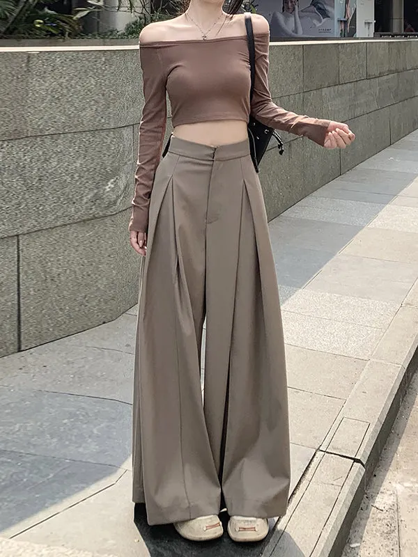 Loose Wide Leg Pleated Solid Color Split-Joint Pants Trousers