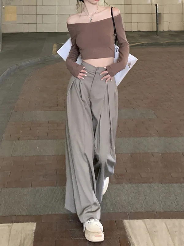 Loose Wide Leg Pleated Solid Color Split-Joint Pants Trousers