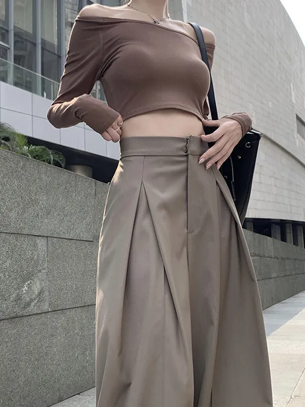 Loose Wide Leg Pleated Solid Color Split-Joint Pants Trousers