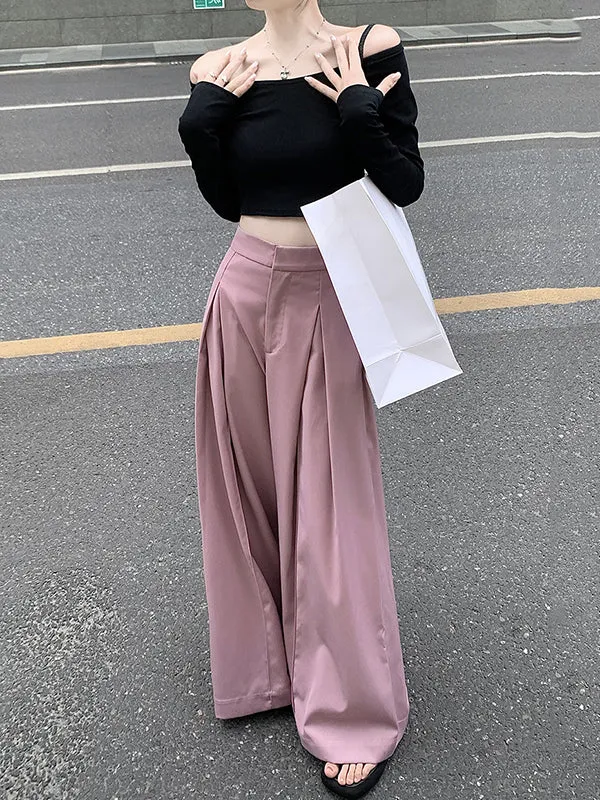 Loose Wide Leg Pleated Solid Color Split-Joint Pants Trousers