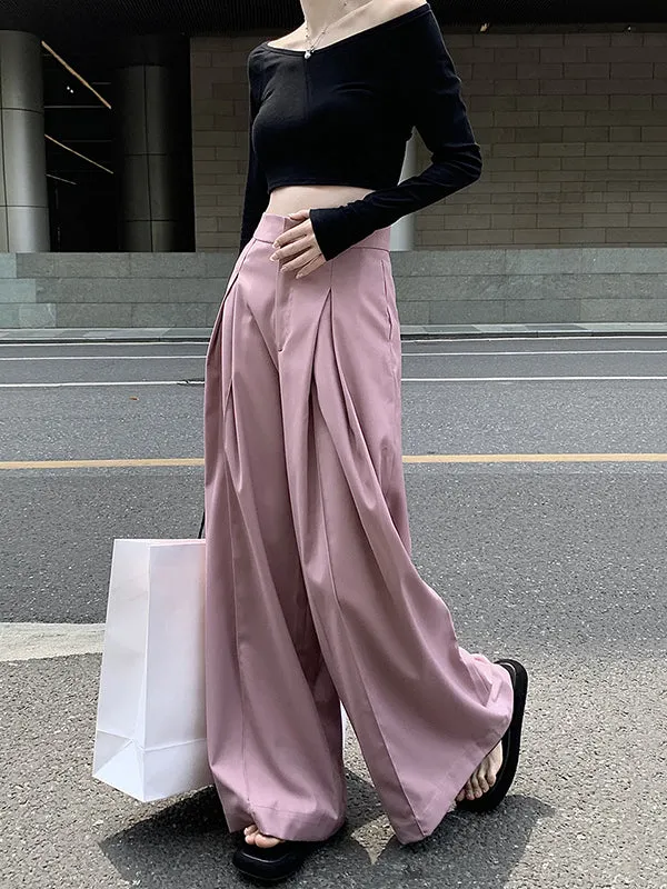 Loose Wide Leg Pleated Solid Color Split-Joint Pants Trousers