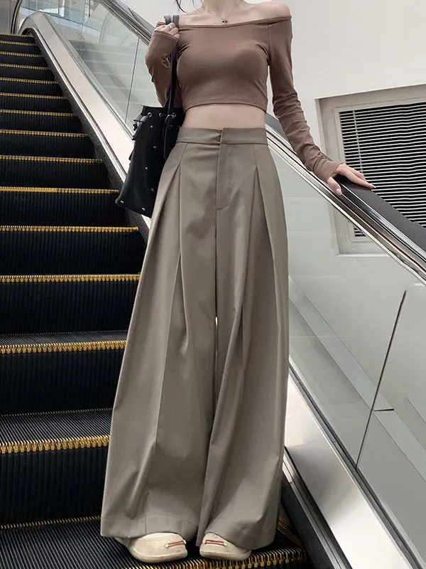 Loose Wide Leg Pleated Solid Color Split-Joint Pants Trousers