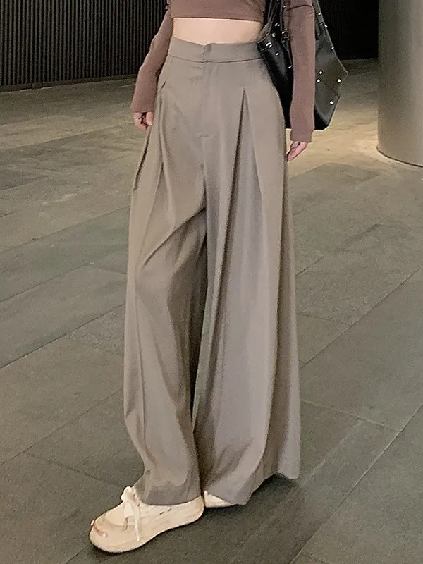 Loose Wide Leg Pleated Solid Color Split-Joint Pants Trousers