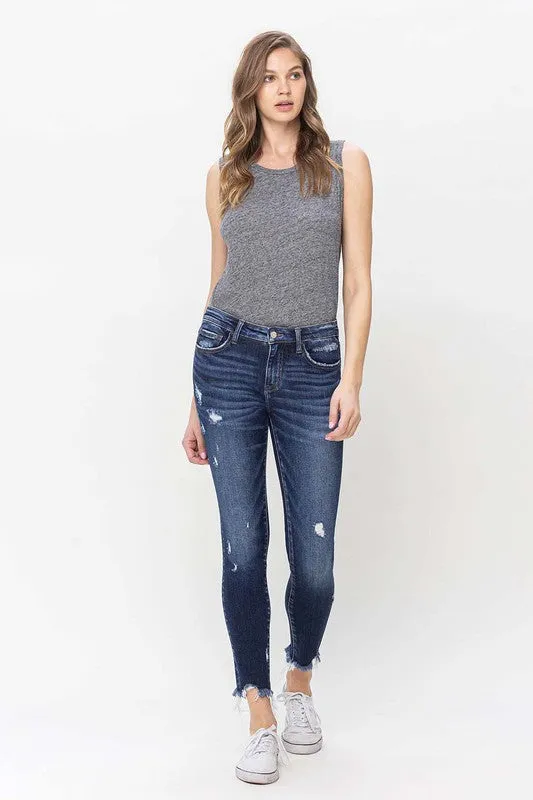 Lovervet Mid Rise Distressed Uneven Raw Hem Crop Skinny Jean