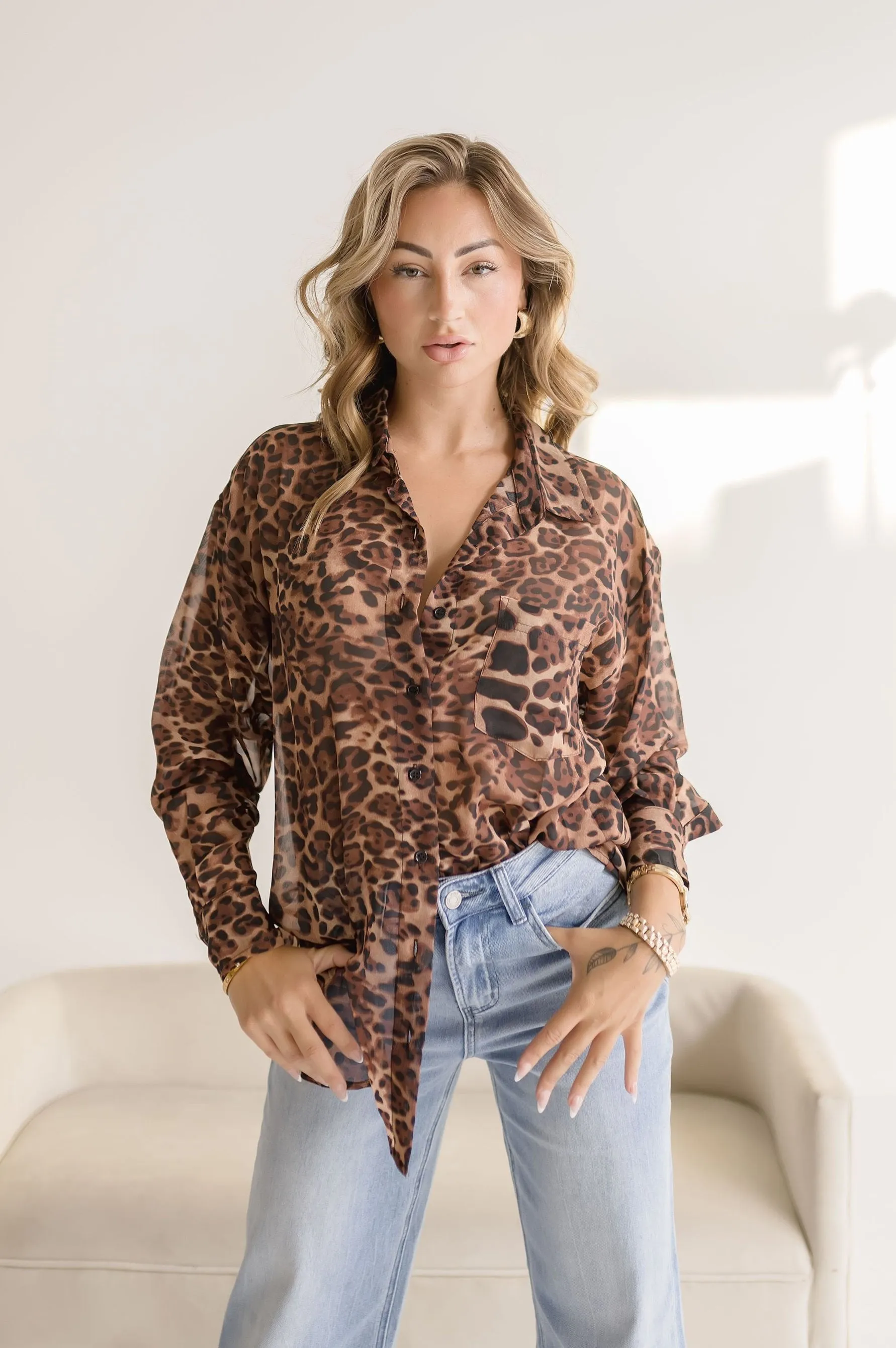 Maddie Long Sleeve Button Down Leopard Print Top Brown