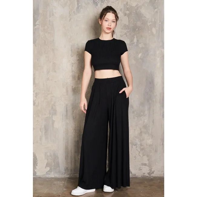 Maronie Rib Knit Pleated Wide Leg Pants | Black