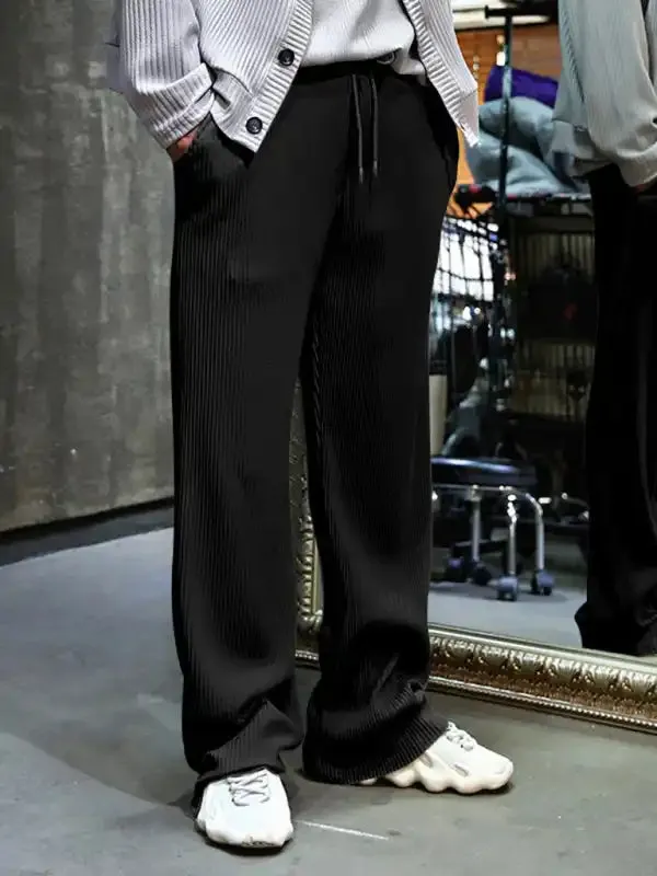 Men’s casual trousers, loose straight trousers, drapey striped high-waisted wide-leg trousers