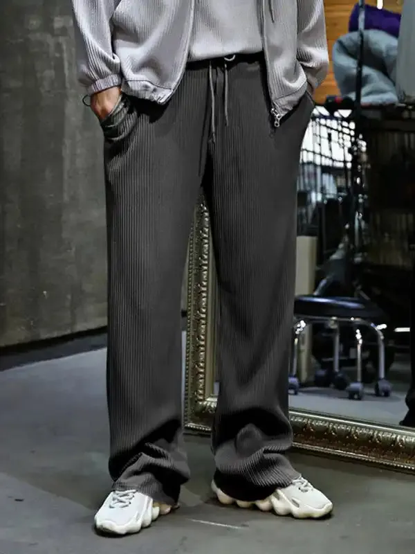 Men’s casual trousers, loose straight trousers, drapey striped high-waisted wide-leg trousers