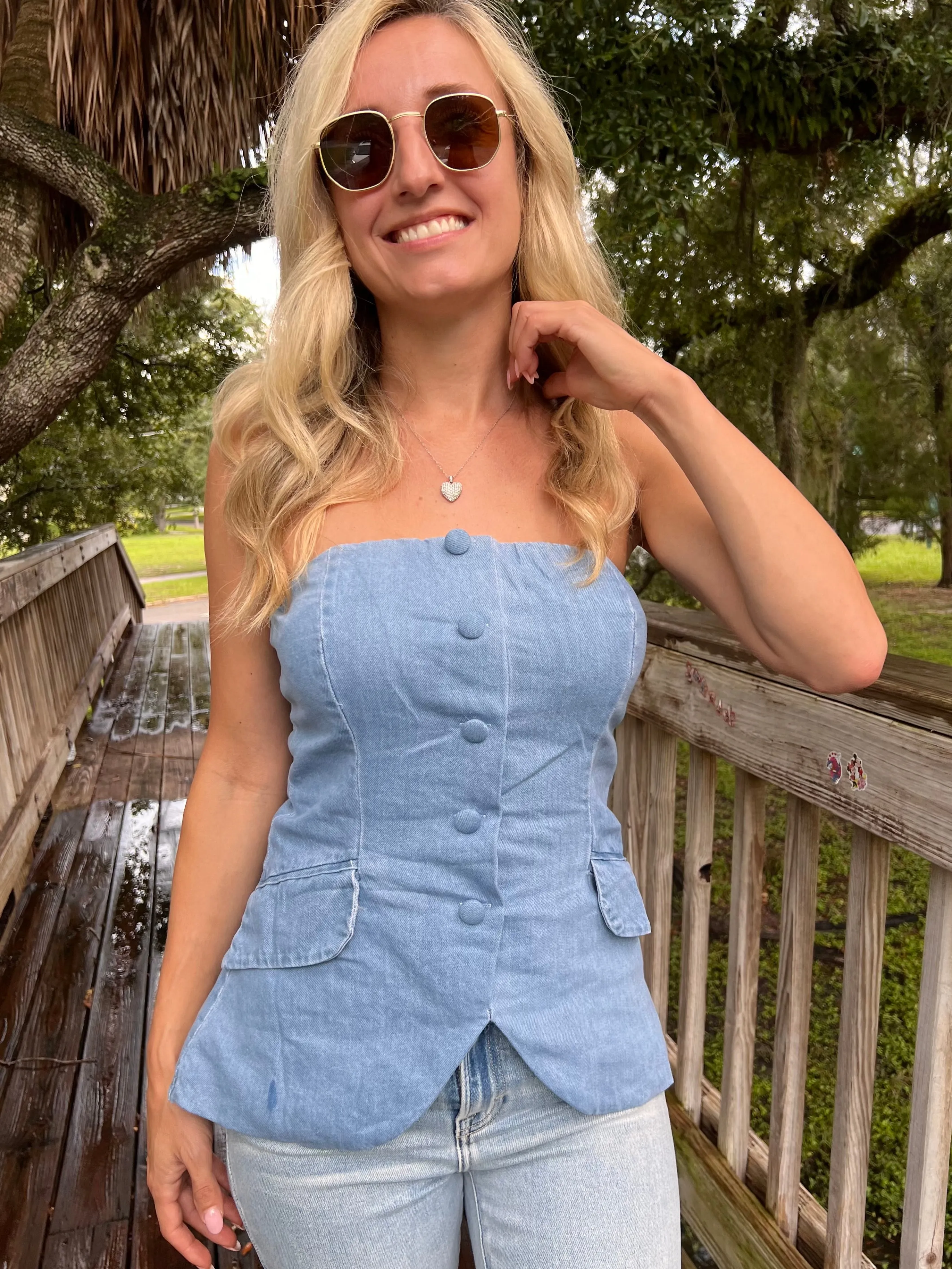 MONET STRAPLESS TOP IN DENIM