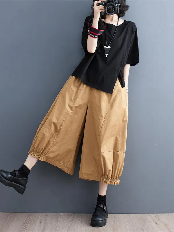 Ninth Pants Wide Leg Solid Color Split-Joint Casual Pants Bottoms