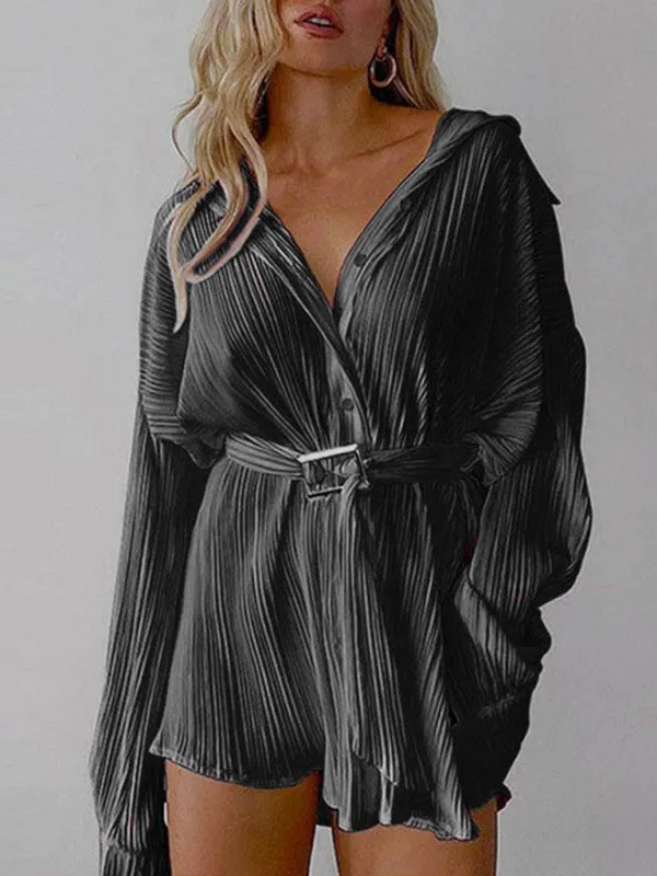 Pleated Long Sleeve Belted Shirt Casual Fashion Dress