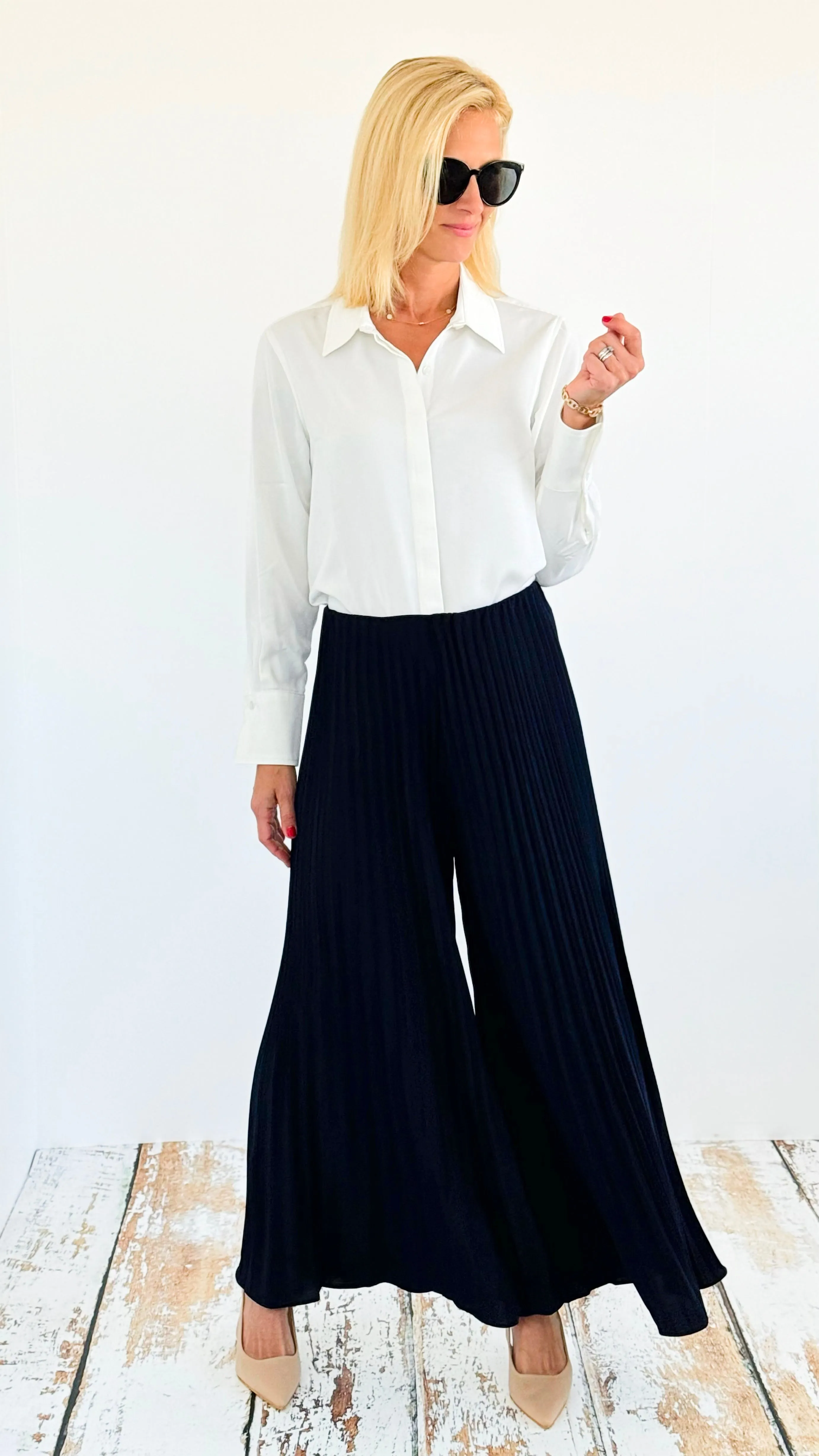 Pleated Wide Leg Pants - Navy