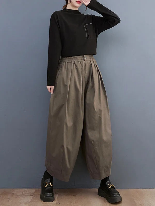 Plus Size Loose Pleated Elasticity Solid Color Casual Pants Bottoms Ninth Pants