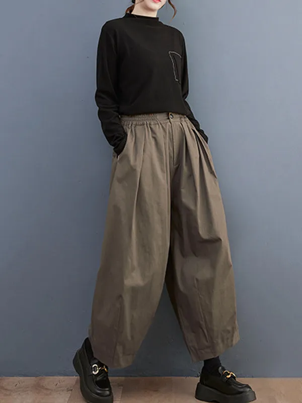 Plus Size Loose Pleated Elasticity Solid Color Casual Pants Bottoms Ninth Pants