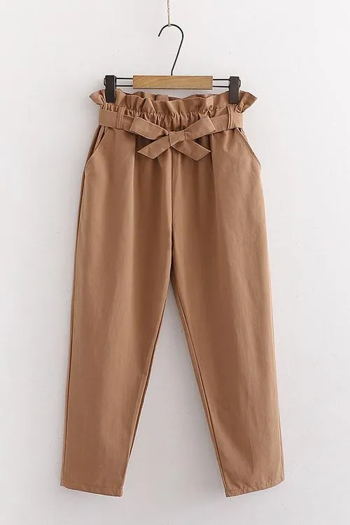 Pockets Belted Straight-leg Pants