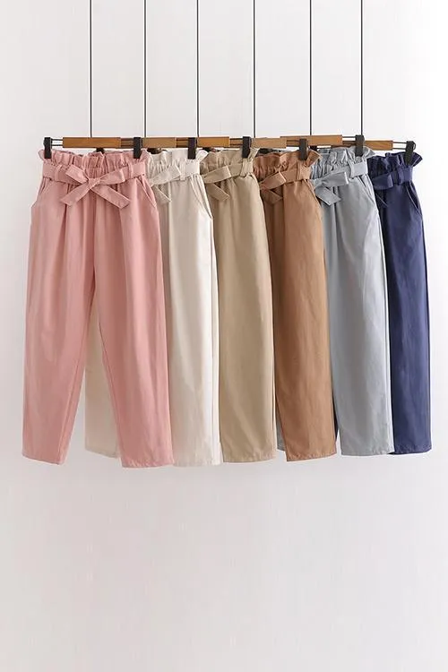 Pockets Belted Straight-leg Pants