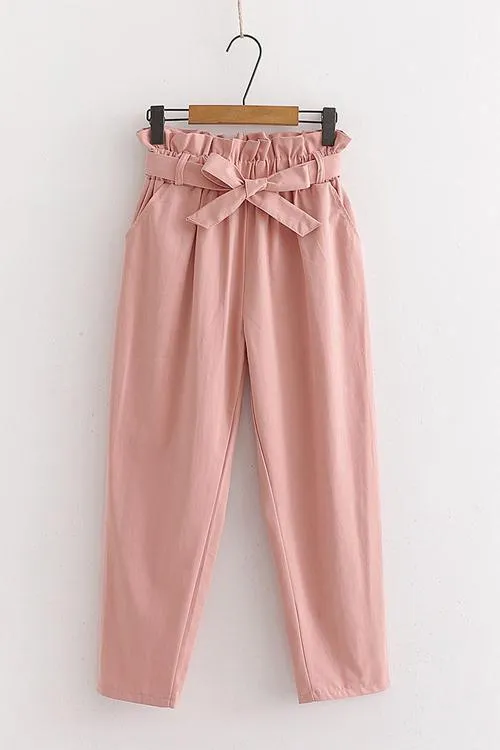 Pockets Belted Straight-leg Pants