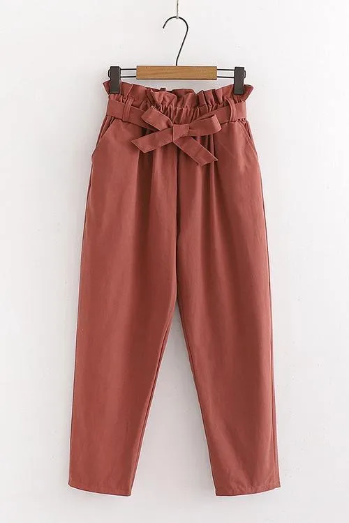 Pockets Belted Straight-leg Pants