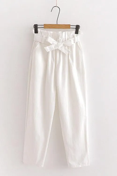 Pockets Belted Straight-leg Pants