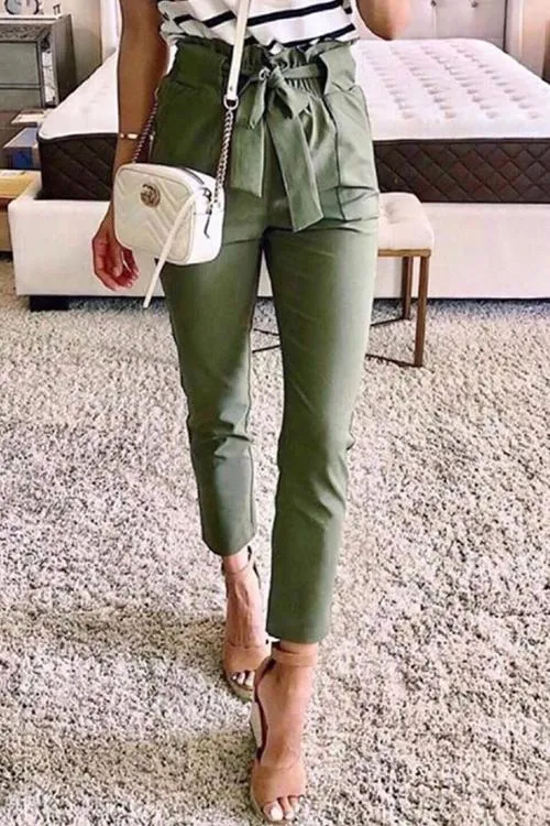 Pockets Belted Straight-leg Pants