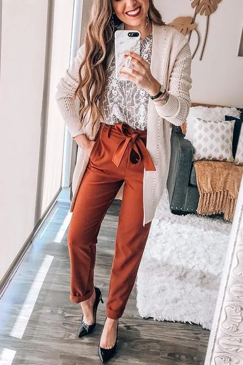 Pockets Belted Straight-leg Pants