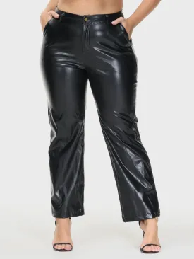 PU Leather Straight Leg Casual Pants with Pockets