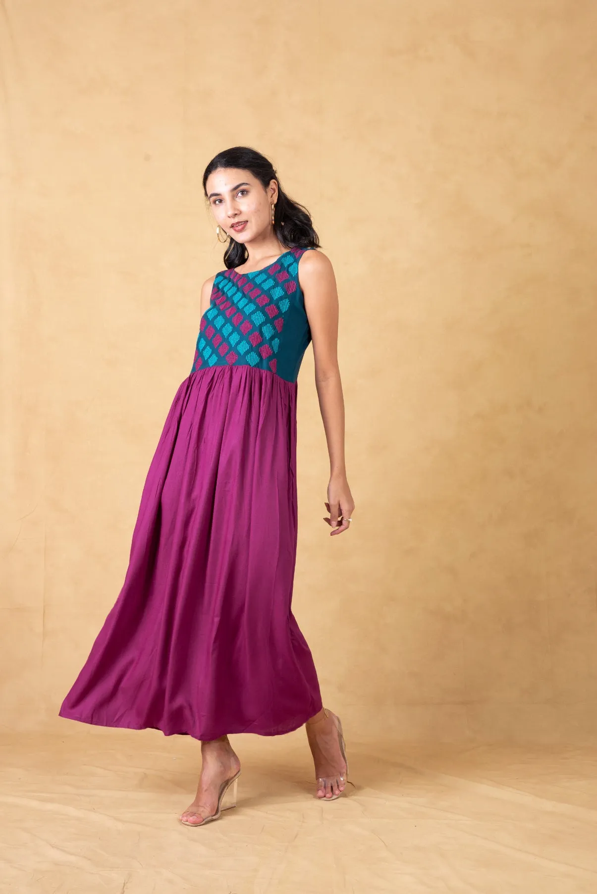 Purple Embroidered Yoke Maxi Dress