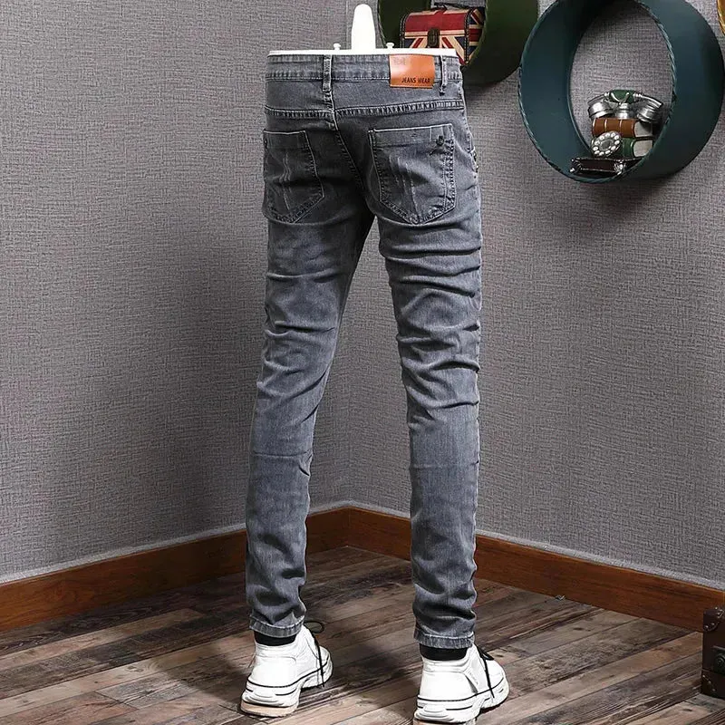 Retro Gray Stretch Slim Ripped Jeans