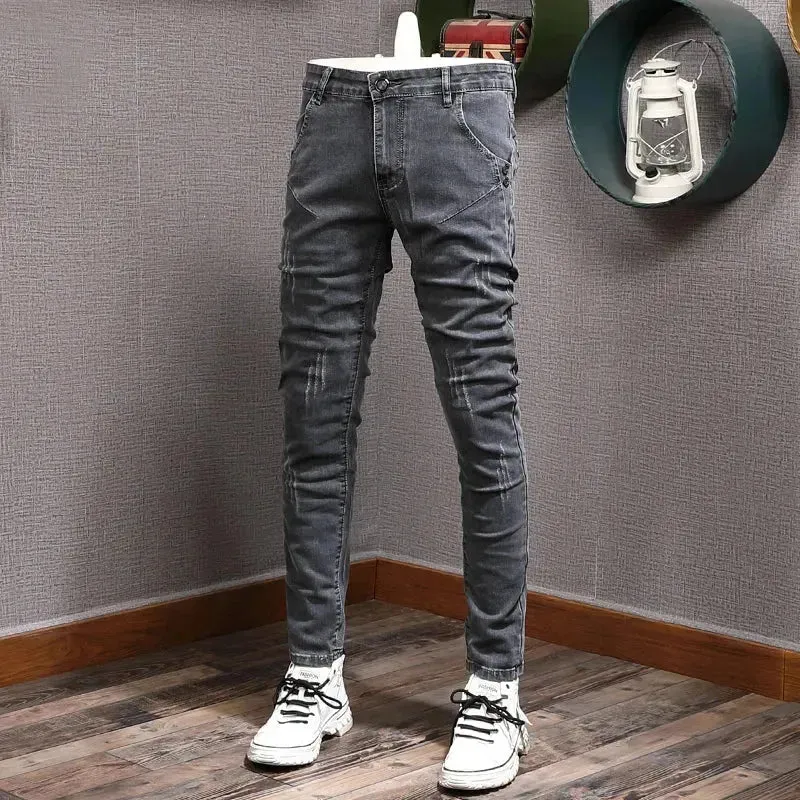 Retro Gray Stretch Slim Ripped Jeans