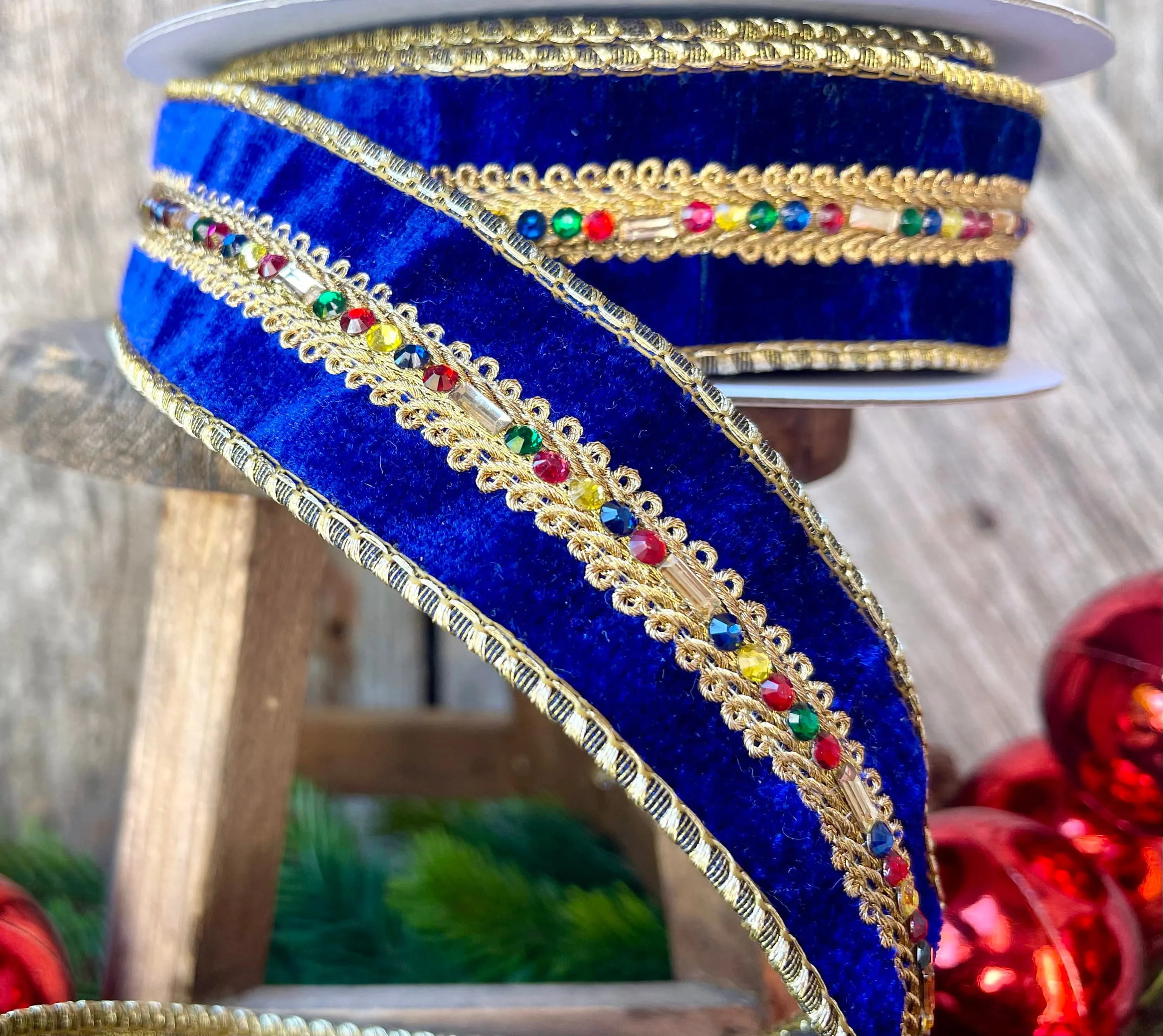 Royal Blue Velvet Jeweled Ribbon, Mutli colored Jeweled Ribbon