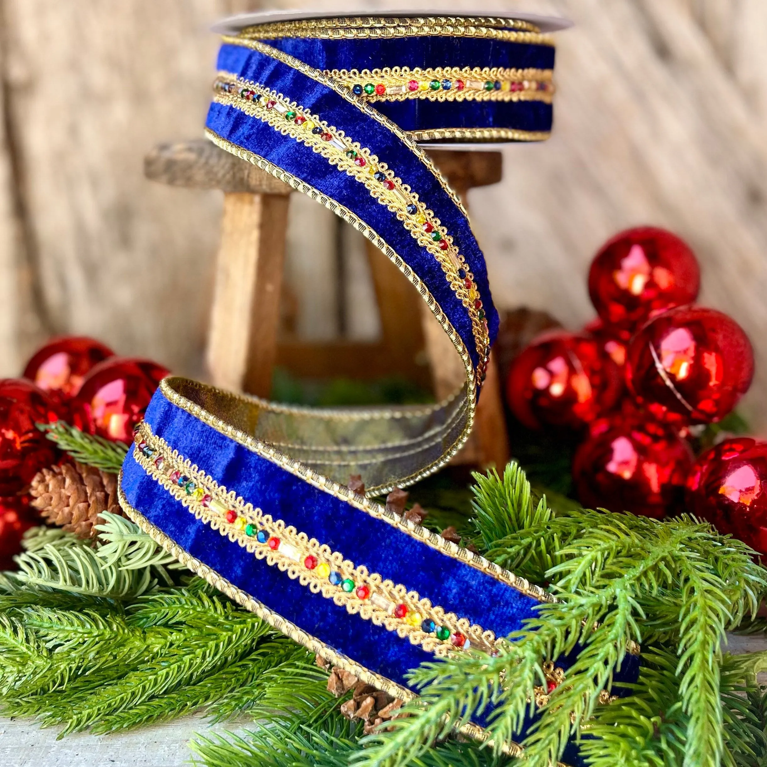 Royal Blue Velvet Jeweled Ribbon, Mutli colored Jeweled Ribbon