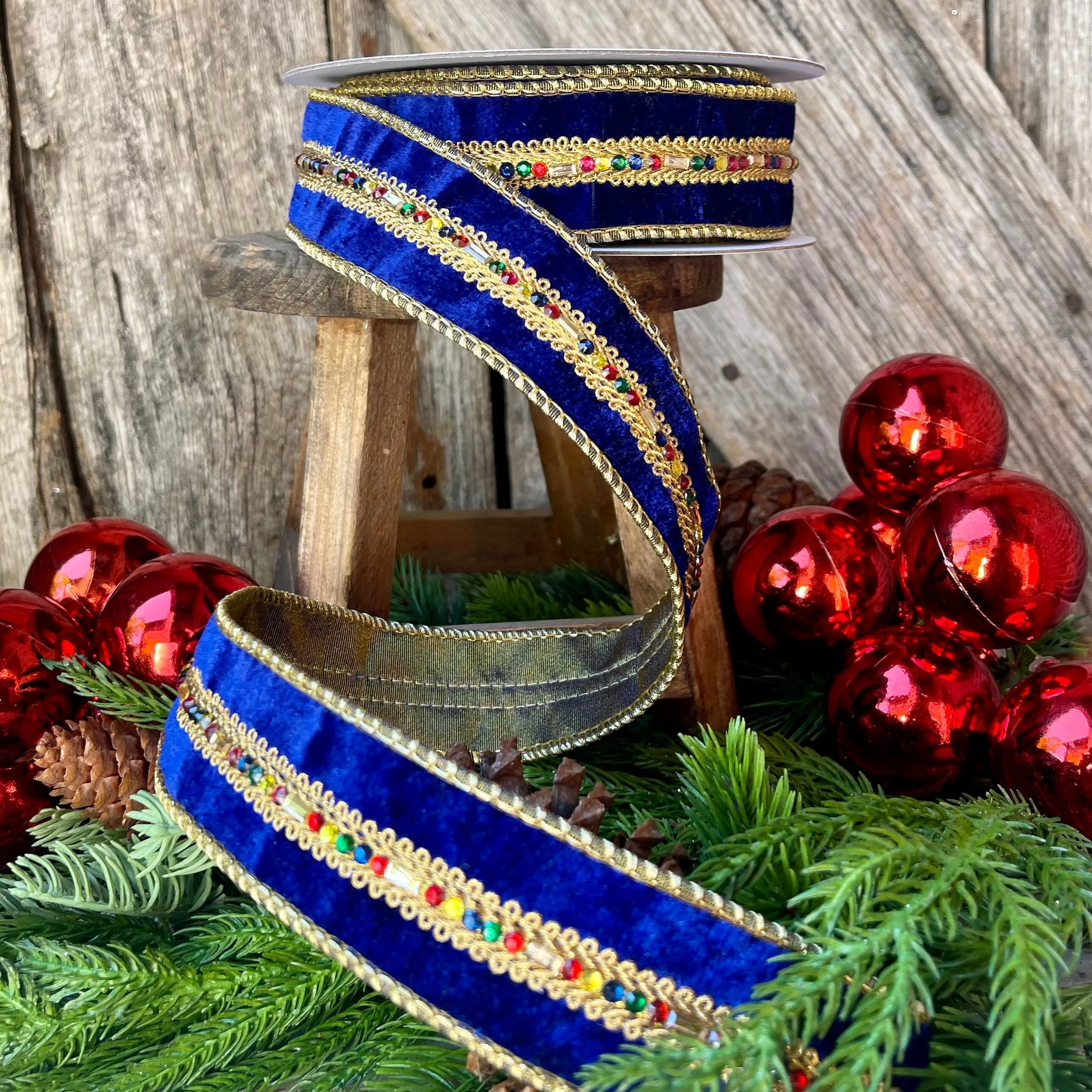 Royal Blue Velvet Jeweled Ribbon, Mutli colored Jeweled Ribbon