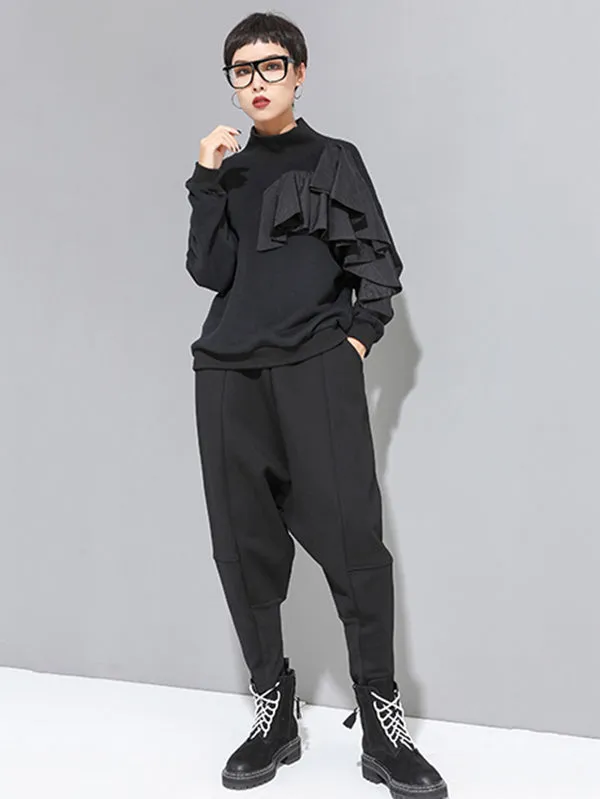 Stylish Black Velvet Split-Joint Harem Pants