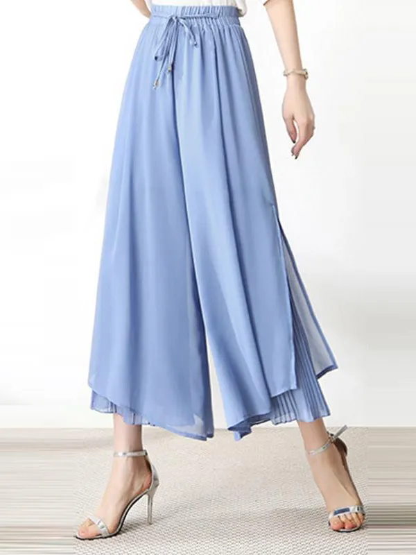 Urban Drawstring High-Waisted Wide Leg Chiffon Pants