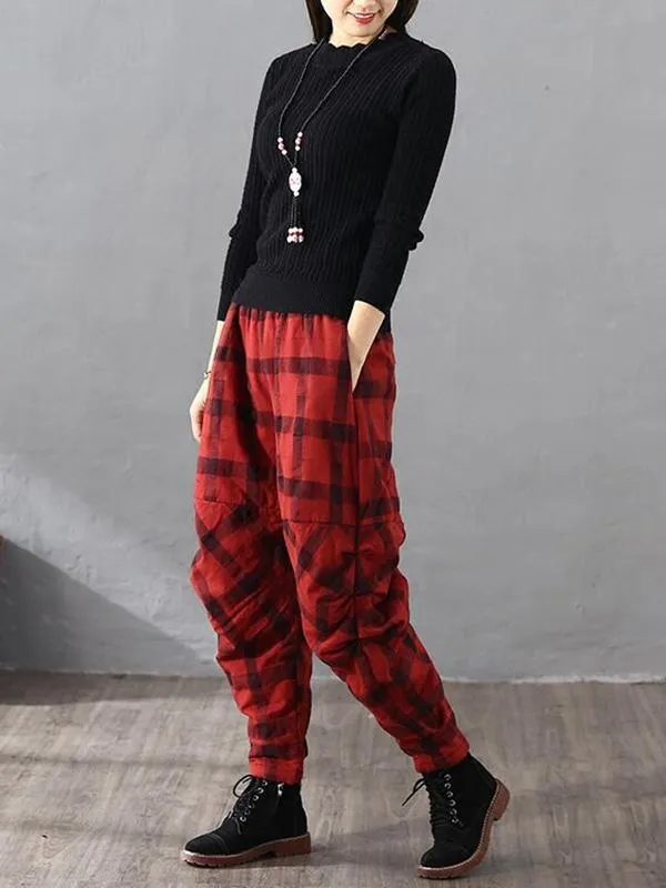 Vintage Plaid Thickening Pleated Harem Pants