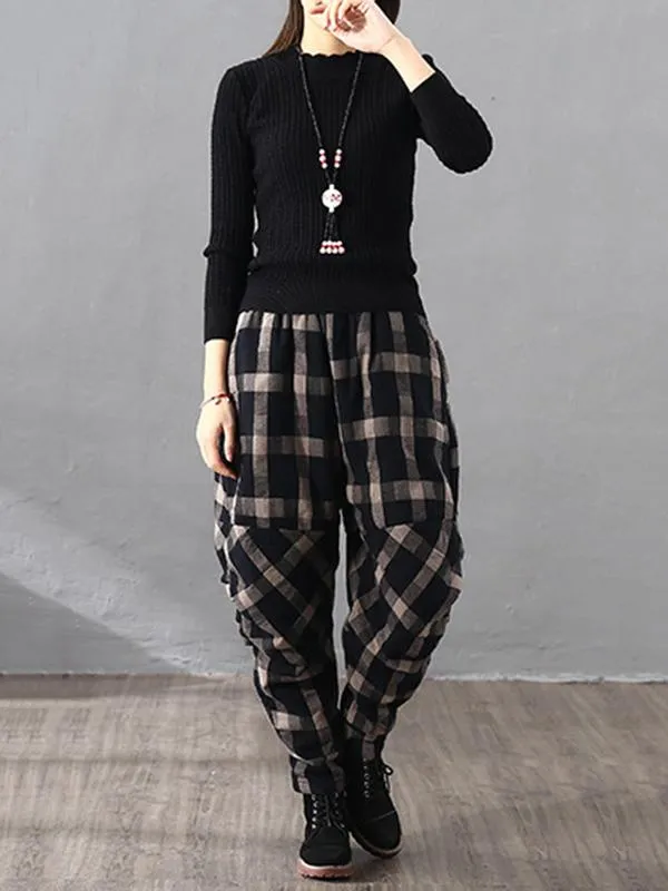 Vintage Plaid Thickening Pleated Harem Pants