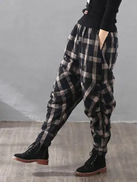 Vintage Plaid Thickening Pleated Harem Pants