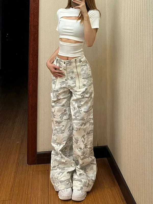 Wide Leg Camouflage High-Waisted Split-Joint Zipper Pants Trousers