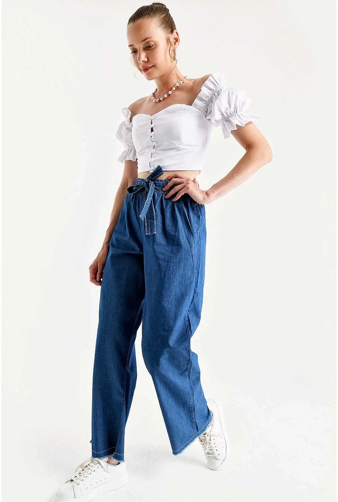 Wide Leg High Waist Womens Pants - Dark Blue