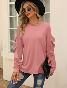 Women's Casual Round Neck Jumper With Pleated Long Sleeves