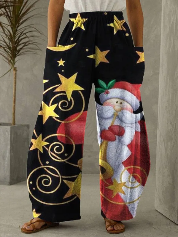 Women's Christmas Print Wide Leg Elasticated Waist Trousers