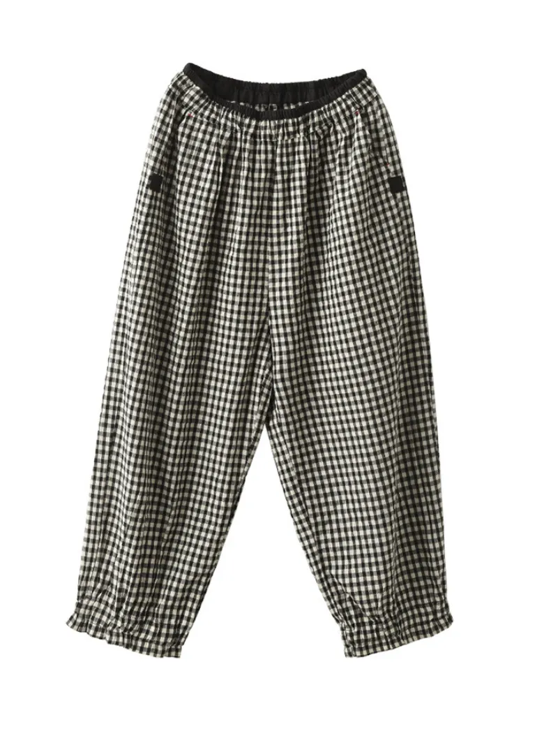 Women's Elastic Waist Plaid Casual Harem Trousers Bottom Pants